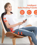 Woman using Back Massager Chair Pad With Heat, 10 Vibrating Motors for Office Chair and Home Use, Soothing Heat Therapy