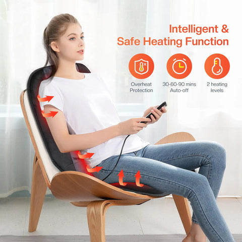 Woman using Back Massager Chair Pad With Heat, 10 Vibrating Motors for Office Chair and Home Use, Soothing Heat Therapy