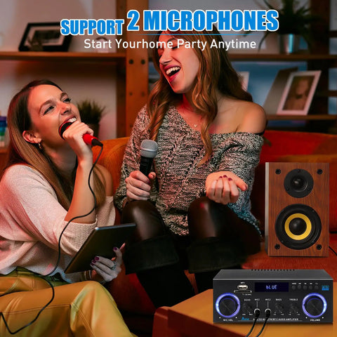 Two women using AK50 Amplifier For Home Audio With Bluetooth 5.0 Big Room Filling Sound And Crisp Bass 500W Max Power 60W X 2 RMS 2.0 Channel Stereo Receiver Active Subwoofer Output FM Radio USB SD Card AUX MIC In With Echo in a home setting