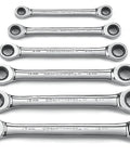 6 Pc Metric Double Box Ratcheting Wrench Set With Surface Drive For Tight Spots And Reduced Fastener Rounding Includes 8 x 9mm 10 x 11mm 12 x 13mm 14 x 15mm 16 x 18mm 17 x 19mm laid out