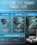 Tough As Nails Marine Grade Type T50 Stainless Steel Staple Gun Nails in 500, 1000, and 2000 pack sizes, showing leg lengths.