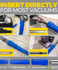 Two Piece Dryer Vent Cleaner Kit with Lint Vacuum Attachment and Flexible Dryer Lint Brush in use with various vacuums