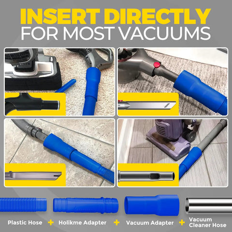 Two Piece Dryer Vent Cleaner Kit with Lint Vacuum Attachment and Flexible Dryer Lint Brush in use with various vacuums