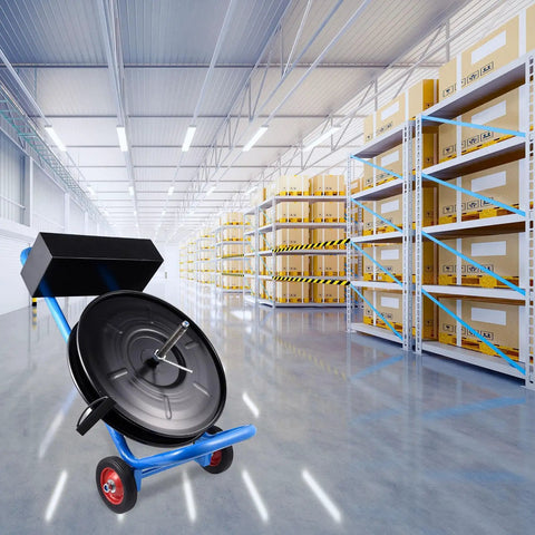 Heavy Duty Strapping Cart Dispenser For 16x16 And 8x8 Coils Movable Banding Machine With Brake System And Spacious Tray Keeps PET PP And Fiber Straps Neat And Ready To Roll Super Handy Easy Transport Cart, blue steel cart in warehouse