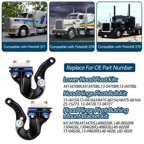 Lower Hood Pivot Kit With Hood Hinge Pivot Bolts And Bushing Bracket For Peterbilt 377 378 379 LH RH Replacement Set Includes 13-04708R 13-04708L 13-04154 13-04164 And 2 Pack with compatible truck images
