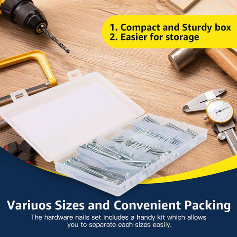 400 Piece Picture Hanging Nails Set With Five Sizes Up To 2 Inches in a clear storage box on a wooden workbench