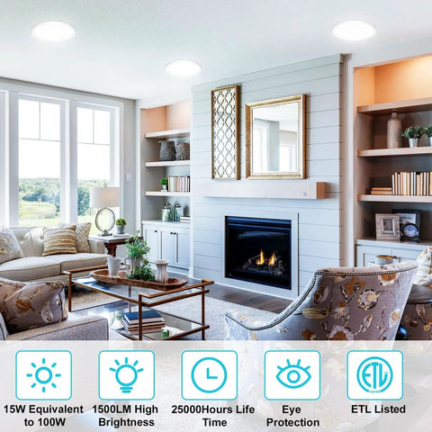 Living room with 7 Inch White LED Flush Mount Ceiling Light With Ultra Thin Round Panel, 15W 1500Lm in ceiling