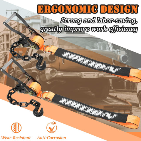 Four Pack 2 Inch by 96 Inch Orange Car Tie Down Straps for Trailers With Heavy Duty Chain Anchors, ergonomic design shown