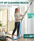 No Sweat 24V Cordless Wet Dry Shop Vacuum With Smart Battery Indicator and Brutal Suction Capacity shown with 9 ft reach hose and extension for cleaning.