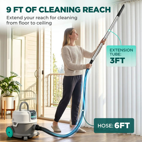 No Sweat 24V Cordless Wet Dry Shop Vacuum With Smart Battery Indicator and Brutal Suction Capacity shown with 9 ft reach hose and extension for cleaning.