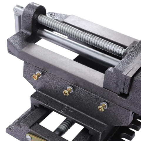 Close-up of Heavy Duty 6 Inch Cross Slide Vise With X Y Table Mount showcasing steel jaws and hardware for precision milling.