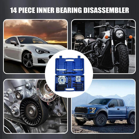 Professional Grade 14 Piece Automotive Bearing Puller Kit With Dual Disc Separator Aid To Remove Bearings Safely For Cars Or Motorcycles Great For Wrenching Fans Who Want Fast Results Using A Killer Puller Kit For Trucks And Bikes, blue case with pullers