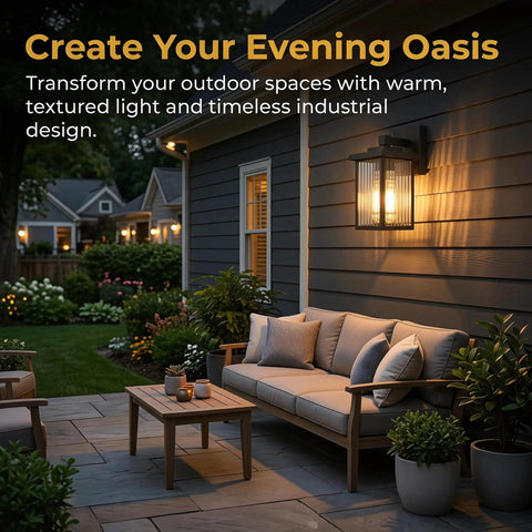 Stunning Matte Black Wall Mount Porch Lights, Dope Outdoor Sconces Featuring Hand Textured Glass And Solid Metal Frame illuminating a cozy patio area.
