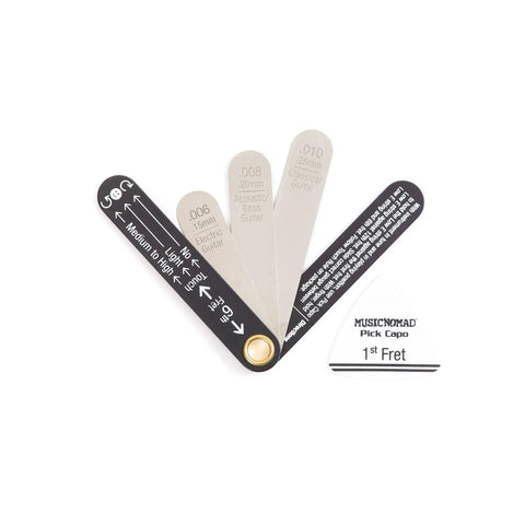 Relief Gauge Tool For Guitars Precision Truss Rod Neck Measurement Kit In Stainless Steel Oil Free Laser Etched Inch And MM Sizes 006 008 010 For Electric Acoustic Classical And Bass Guitars displayed in a fanned position.