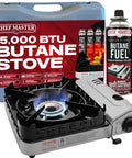 15,000 BTU Butane Portable Camp Stove With Piezo Ignition And Double Wind Guard, fuel can, and carry case
