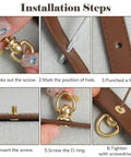 Installation steps showing Heavy Duty 4 Pack Brass D Rings For Purse Hardware With Ball End Studs And Installation Tools Light Gold Finish.
