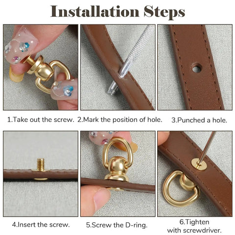 Installation steps showing Heavy Duty 4 Pack Brass D Rings For Purse Hardware With Ball End Studs And Installation Tools Light Gold Finish.