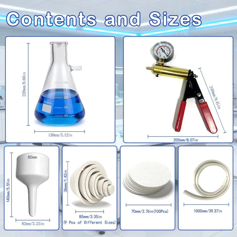 1000 mL Buchner Filtration Kit With Handheld Vacuum Pump And Ceramic Filter Funnel, Lab Vacuum Filtering Flask, Rubber Stoppers, And 100 Filter Papers displayed with dimensions.