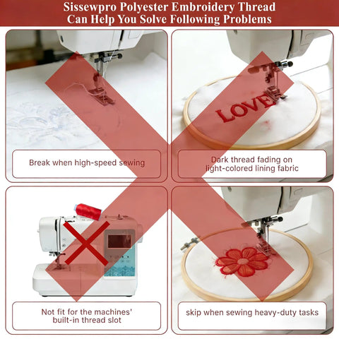 Diagram showing common embroidery problems with text on image highlighting issues like thread breakage and fading on light fabric.