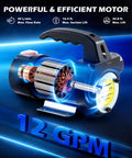 Diagram of 12V Diesel Transfer Pump 12 GPM Portable Electric Fuel Pump showing motor and specifications in blue neon lights