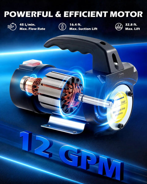 Diagram of 12V Diesel Transfer Pump 12 GPM Portable Electric Fuel Pump showing motor and specifications in blue neon lights
