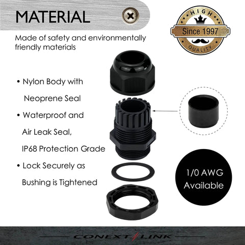 5 Pack Beefy Waterproof IP68 Nylon Firewall Bushing Grommet Cable Gland Joint Locknut Protectors Neoprene Seal 1/0 Gauge