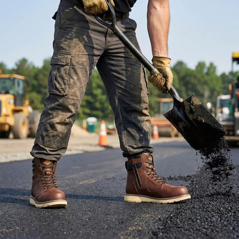 Men's Steel Toe Work Boots With Side Zipper, Water Resistant And Slip Resistant Safety Shoes, Electrical Hazard Rated, Heavy-Duty Construction Boots Built For Industrial, Outdoor And Warehouse Jobs in use during roadwork.