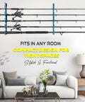 Garage Wall Or Ceiling Mounted Fishing Rod Holder With Soft TPU Protective Pad, holds 5 fishing rods above living room sofa.