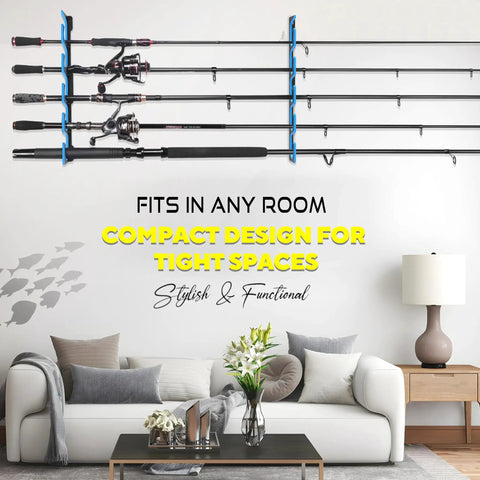 Garage Wall Or Ceiling Mounted Fishing Rod Holder With Soft TPU Protective Pad, holds 5 fishing rods above living room sofa.