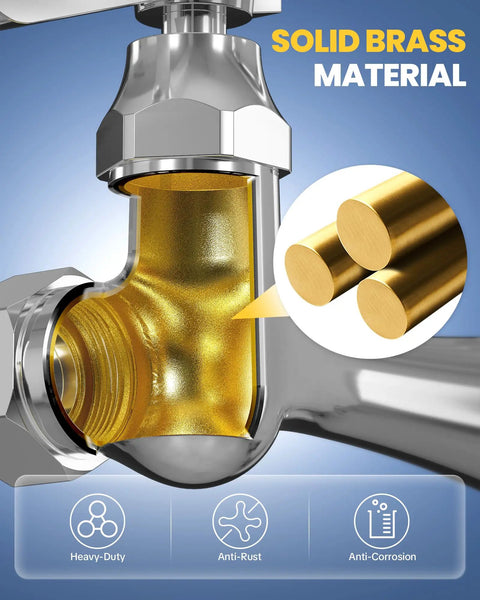 Close-up of Built Tough Commercial Sink Faucet With Eight Inch Swivel Spout And Dual Brass Handles For Laundry Or Restaurant Setup Featuring No Sweat Install And Slick Chrome Finish showing solid brass material.