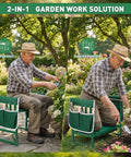 Man using Heavy Duty Garden Kneeler And Seat With Anti Tip Design Foldable Garden Bench in green as seat and kneeler in garden