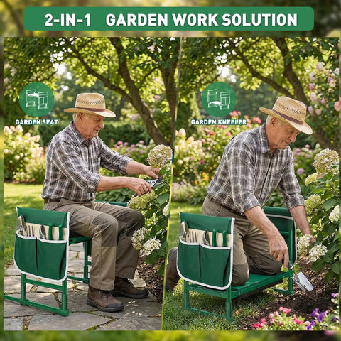 Man using Heavy Duty Garden Kneeler And Seat With Anti Tip Design Foldable Garden Bench in green as seat and kneeler in garden