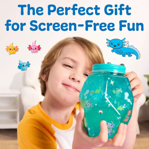 Totally Glowing Axolotl Aquarium Craft Kit For Kids Ages 6 And Up With Five Mini Axolotls, Glow In The Dark Decor, And STEM Fun, Hands On Arts And Science Gift For Girls And Boys, child holding jar