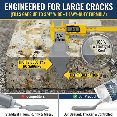 Dead Set Self Leveling Concrete Crack Filler 4 Pack Liquid Cement Sealant For Driveways And Garage Floors Waterproof Gray Bulk Repair Kit comparison image showing gap measurement and viscosity.