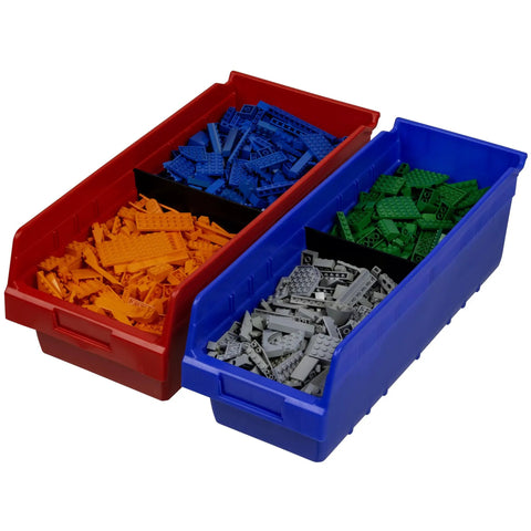 Blue plastic shelf bins for pantry organization, tough and durable nesting bin boxes, 18 inch long by 6 inch wide by 6 inch high, 10 pack industrial grade storage, containing colorful items.