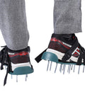 Person wearing Lawn Aerator Shoes For Grass And Garden Care With Spiked Prongs And Easy Buckle Straps, view from behind