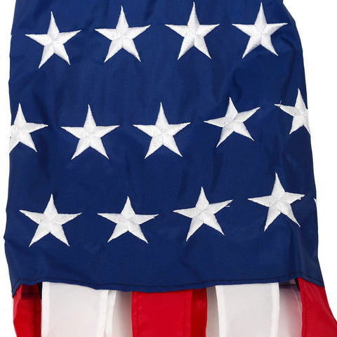 Close-up of 40-inch Patriotic Windsock with embroidered stars in blue, showcasing fade-resistant 210D nylon and sewn streamers.