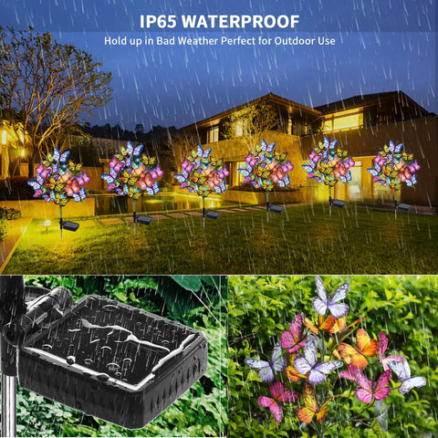 Solar Garden Lights Outdoor 2 Pack With 34 Butterflies And 44 LED Fairy Lights Waterproof Garden Decor showcased in rain