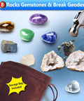 24 Day STEM Advent Calendar For Kids With All Inclusive Hands On Science Experiments Kit Featuring Volcano Chemistry Physics Gemstones And Holiday Countdown Gift For Boys And Girls showing rocks, gemstones, breakable geodes, hammer, and storage bag