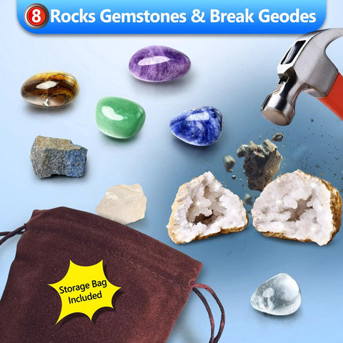 24 Day STEM Advent Calendar For Kids With All Inclusive Hands On Science Experiments Kit Featuring Volcano Chemistry Physics Gemstones And Holiday Countdown Gift For Boys And Girls showing rocks, gemstones, breakable geodes, hammer, and storage bag