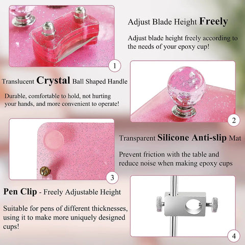 Cup Edging Tool With Replacement Blades featuring crystal ball handle, silicone mat, and adjustable pen clip detail.