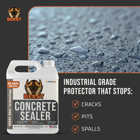 Kick Weather Off Your Slab With This Contractor Grade Concrete Sealer Concentrate Makes Five Gallons in a white bottle on concrete