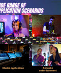 Collage depicting PC recording, stage DJ, studio use, karaoke with 16 Channel Bluetooth Mixer With USB MP3 Player And Phantom Power Built In Reverb Stereo EQ For Easy PC Recording Perfect For Live DJ Gigs Studio Sessions Karaoke And Stage.