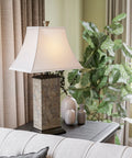 Dope Rustic Slate Table Lamp With Natural Green Slate Finish, Bronze Base, Cream Faux Suede Tapered Shade, 29 Inch Tall