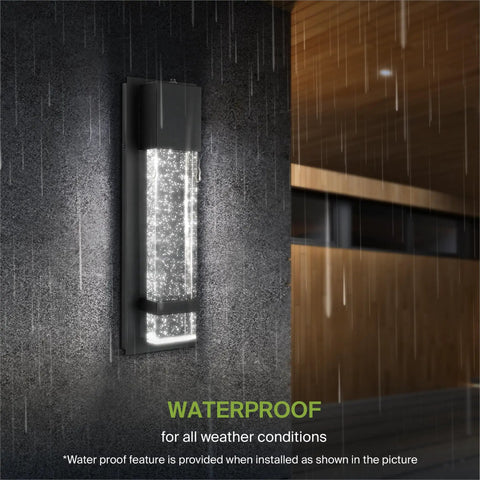 Bubble Glass Outdoor LED Wall Light 13 Inch Dusk to Dawn Sconce Dope Look, mounted in rain, showcasing waterproof feature