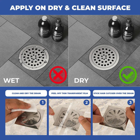 Image showing application steps for 35 Pack Disposable Hair Catcher Mesh Strips For Shower Bathtub Sink Drain Stops Clogs Dead In Its Tracks.