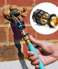 Three Quarter Inch Garden Hose Quick Connect Set Includes Six Male And Six Female Connectors With Extra Washers For Easy Attachment And Quick Release Hose Fittings For Fast Swapping Between Sprayers Nozzles And Accessories shown installed on outdoor faucet.