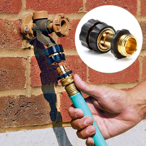 Three Quarter Inch Garden Hose Quick Connect Set Includes Six Male And Six Female Connectors With Extra Washers For Easy Attachment And Quick Release Hose Fittings For Fast Swapping Between Sprayers Nozzles And Accessories shown installed on outdoor faucet.