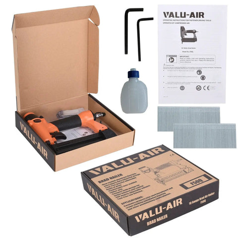 Lightweight 18 Gauge Pneumatic Brad Nailer For Cabinetry And Finish Work, Drives Nails From Three Eighths Inch To Two Inches, Aluminum Housing, Quick Jam Release, Includes Nails And Oil, Air Compressor Not Included, showing packaging, brad nailer, and accessories.