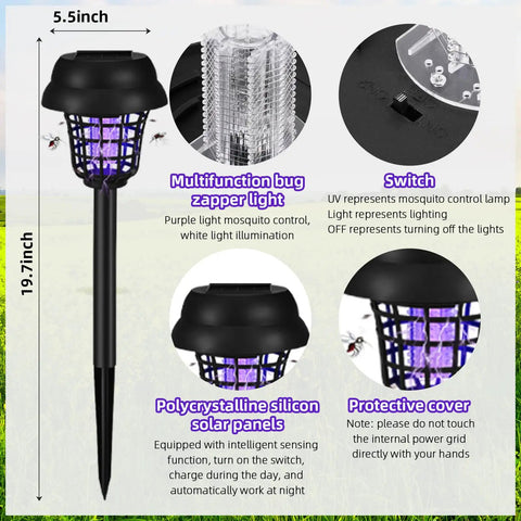 Solar Powered Outdoor Bug Zapper 4 Pack With Dual Lighting Mode 365nm UV Lure And 1000V Grid with detailed features.